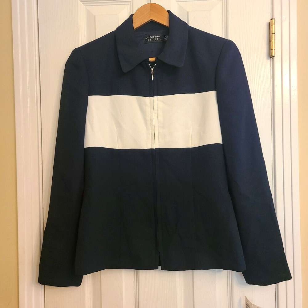 Liz Claiborne Womens Black White Zip Up Suit Jacket w/ Shoulder Pads Size 4